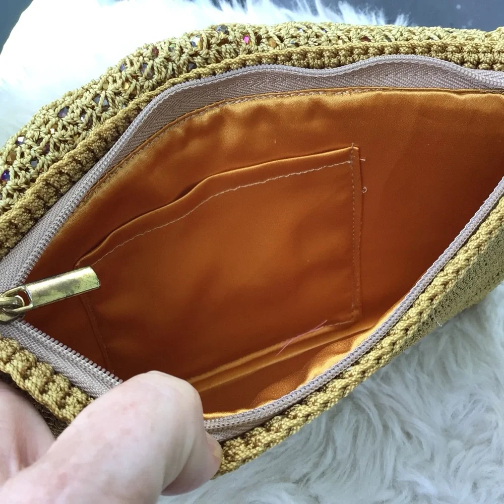 Lovely Gold Beaded Raffia Woven Clutch Handbag Clutch